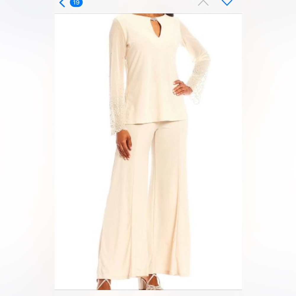 Marina Women’s Long Beaded Sheer Sleeve Matte Jersey 2- Piece Pant Suit
